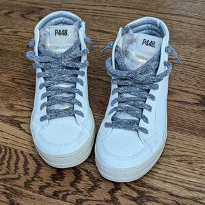 P448 High Top Lace and Zip Up Grey and White Women's Leather Sneakers sz 39